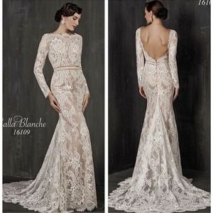 COPY - Calla Blanche White Lace Long Sleeve Mermaid Nadine 16109 Wedding Dress